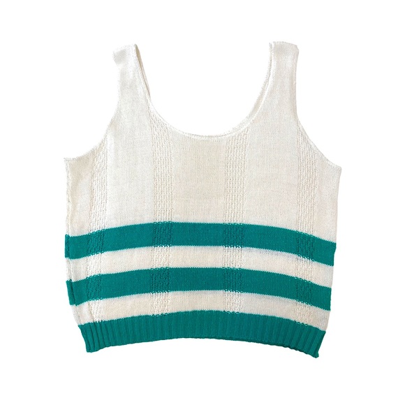 Vintage Tops - Vintage 80s Nautical Cropped Knit Camisole Tank Top Striped Cream Teal M